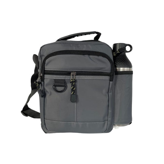 Unisex Umhängetasche mit seitlicher Trinkflaschentasche grau