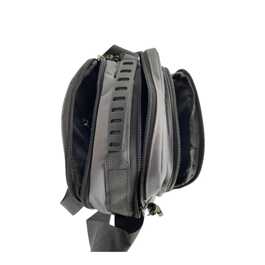 Unisex Umhängetasche mit seitlicher Trinkflaschentasche grau 3 Fächer