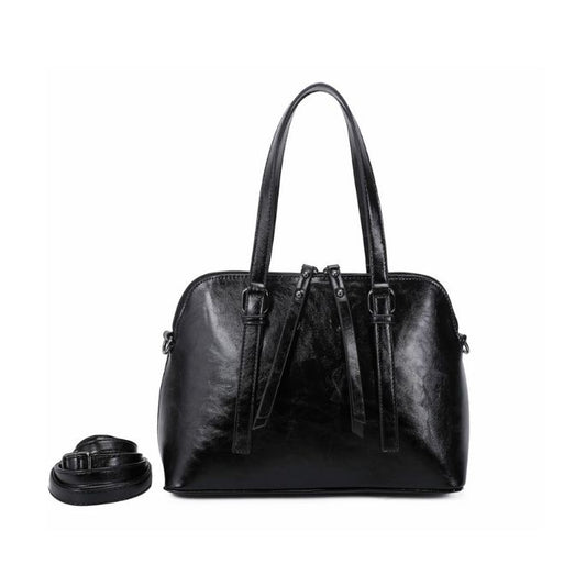 Fancy Damen Umhängetasche mit Metallbeschläge und schwarze mattglänzender Oberfläche