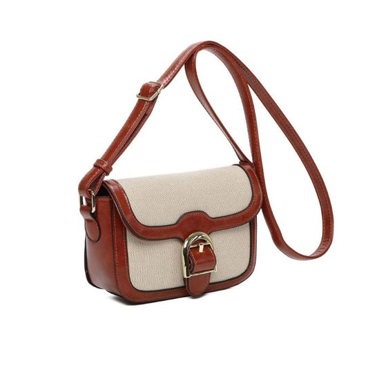 Seitenansicht Mini-Abendtasche-Stoffoptik Materialmix zweifarbig