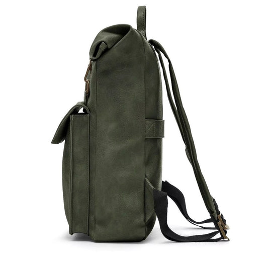 Seitenansicht Grüner geräumiger wasserfester Rolltop-Rucksack mit Vordertasche