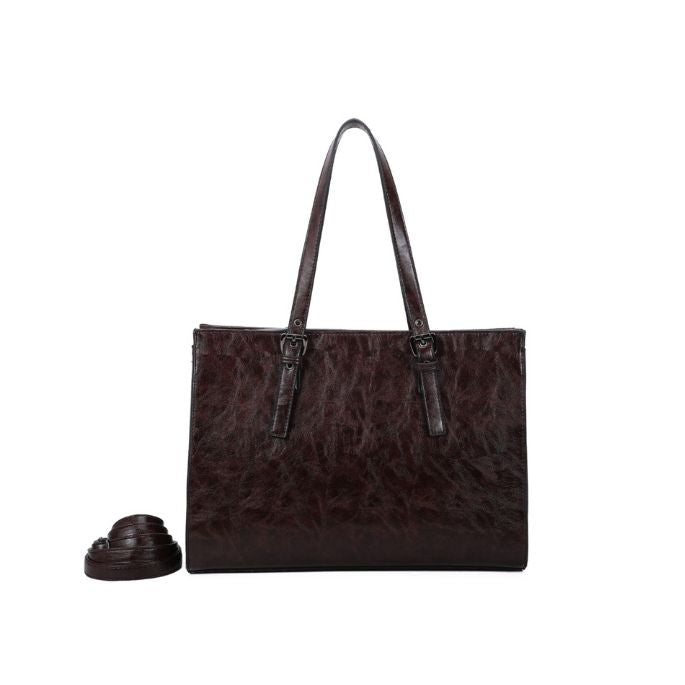 stylische Damen Tote-Bag-Umhängetasche mit Griffen und Umhängegurt für Büro kastanienbraun