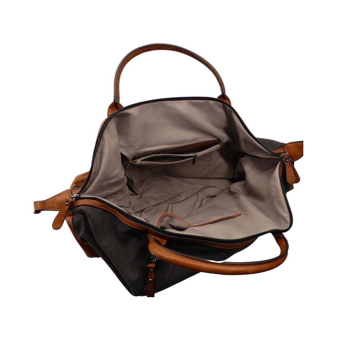 Innenansicht Damen und Herren Kanvas-Leder Übernachtungs Reisetasche mit stabiler PU-Leder Griffe und abnehmbarem Schultergurt