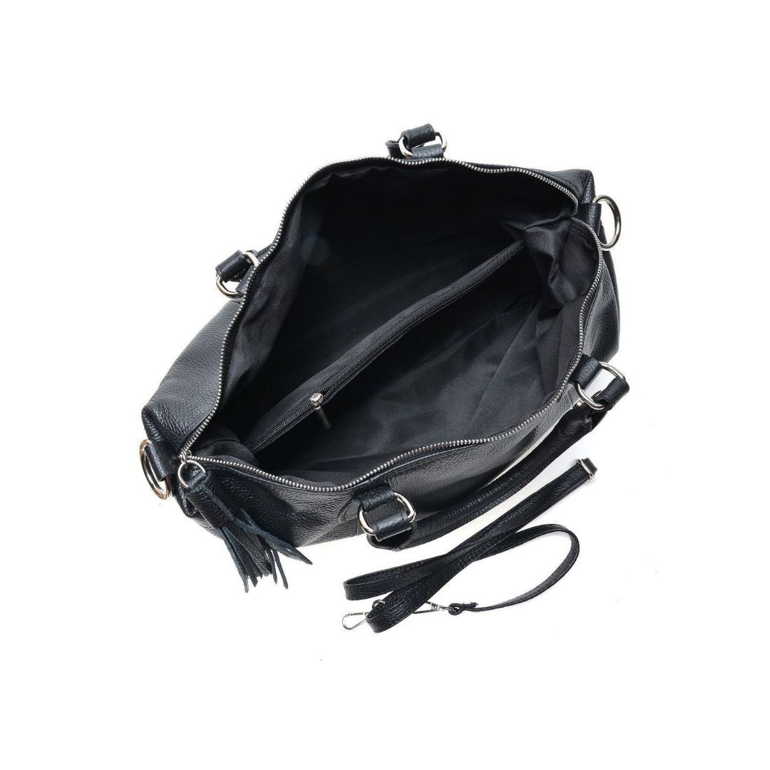 Draufsicht / Innenansicht Schwarze Lederreisetasche mit stabilen Tragegriffen und langem verstellbarem Riemen