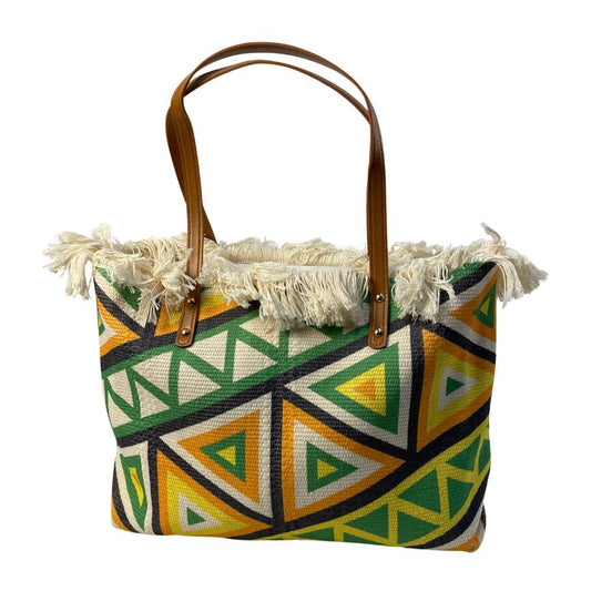 Mehrfarbige Strandtasche sommerliche Shoppertasche gelb groß Fransendesign Vorderansicht