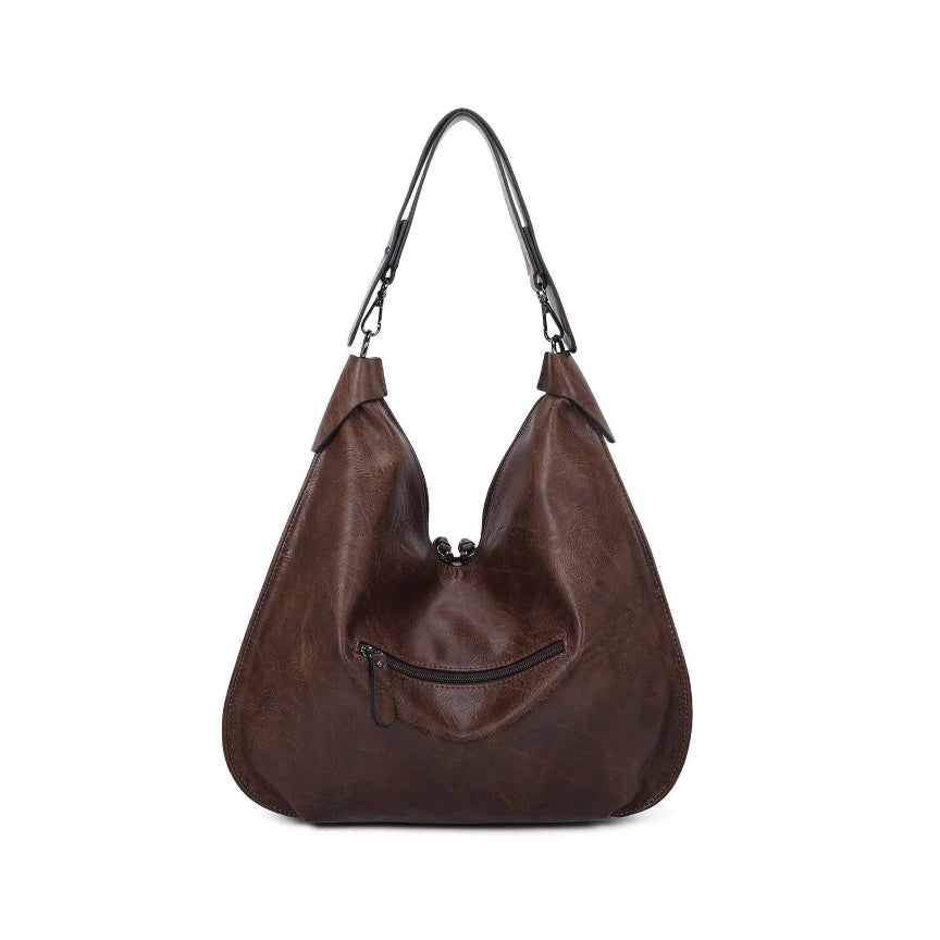 Rückenansicht der Elegante Damen Braun PU Lederhandtasche mit stabilen Griffen und Rückentasche