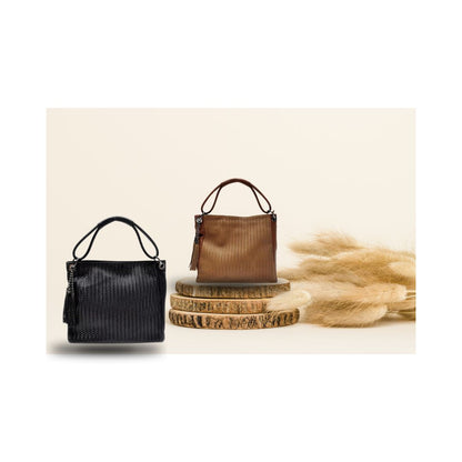 Elegante Schwarze oder Braune Echtledertasche im Weblook mit Quastendetail