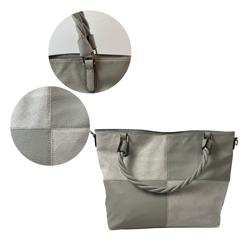 Damen Umhängetasche matt glänzend Tragetasche Seiloptik beige Details