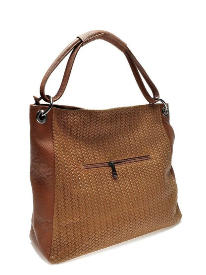 Rückansicht Elegante Braune Echtledertasche im Weblook mit Quastendetail