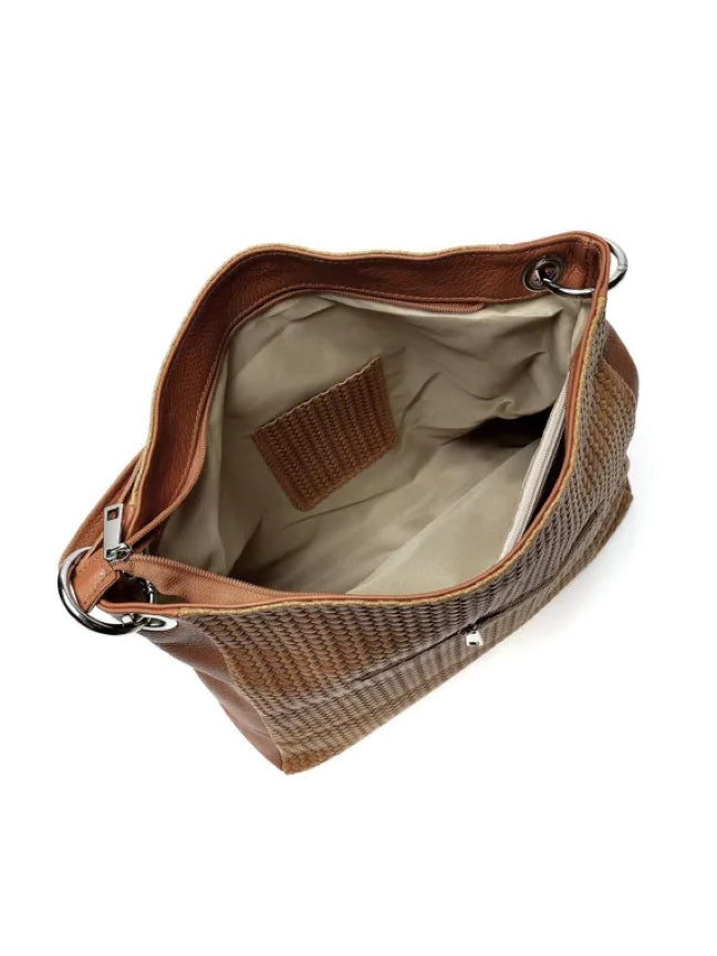 Draufsicht / Innenansicht Elegante Braune Echtledertasche im Weblook mit Quastendetail