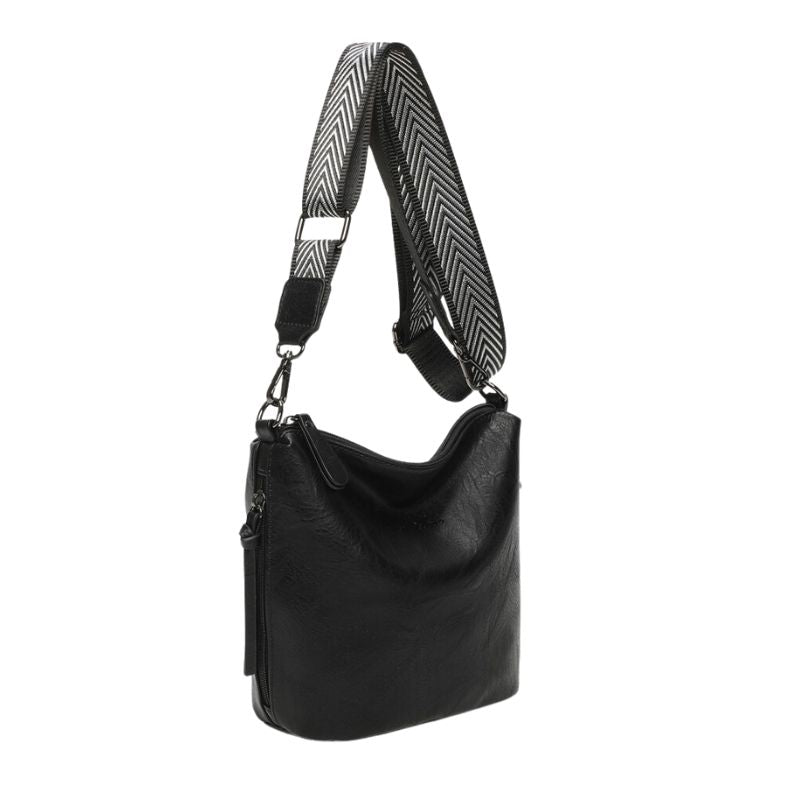 Damen Einkaufstasche Shopper mit breitem Gurt und schöne Designdetails schwarz