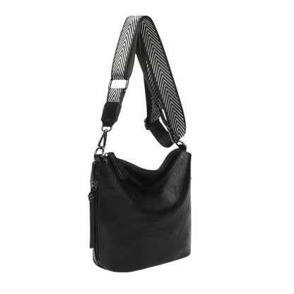 Damen Einkaufstasche Shopper mit breitem Gurt und schöne Designdetails schwarz