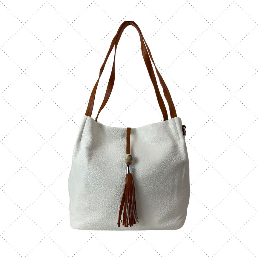 Umhängetasche Damen Shopper Einkaufstasche beige veganes Leder, Quastendetail
