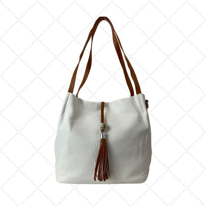 Umhängetasche Damen Shopper Einkaufstasche beige veganes Leder, Quastendetail