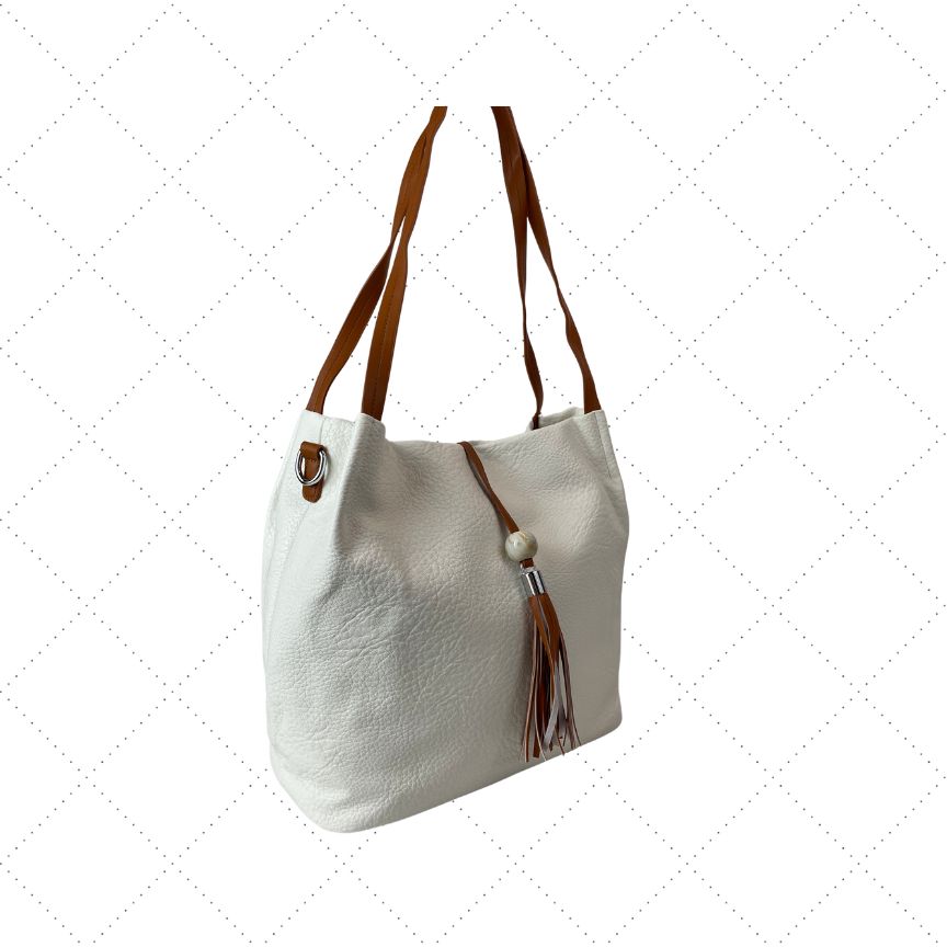 Umhängetasche Damen Shopper Einkaufstasche beige veganes Leder, Quastendetail