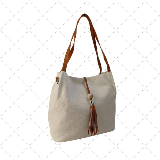 Umhängetasche Damen Shopper Einkaufstasche  beige veganes Leder, Quastendetail