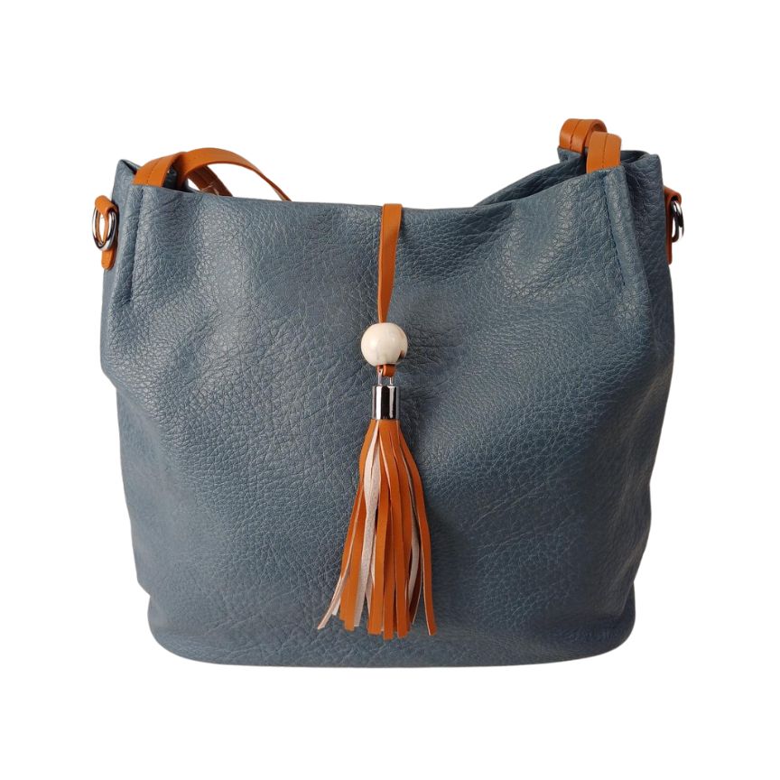 Umhängetasche Damen Shopper Einkaufstasche blau veganes Leder, Quastendetail