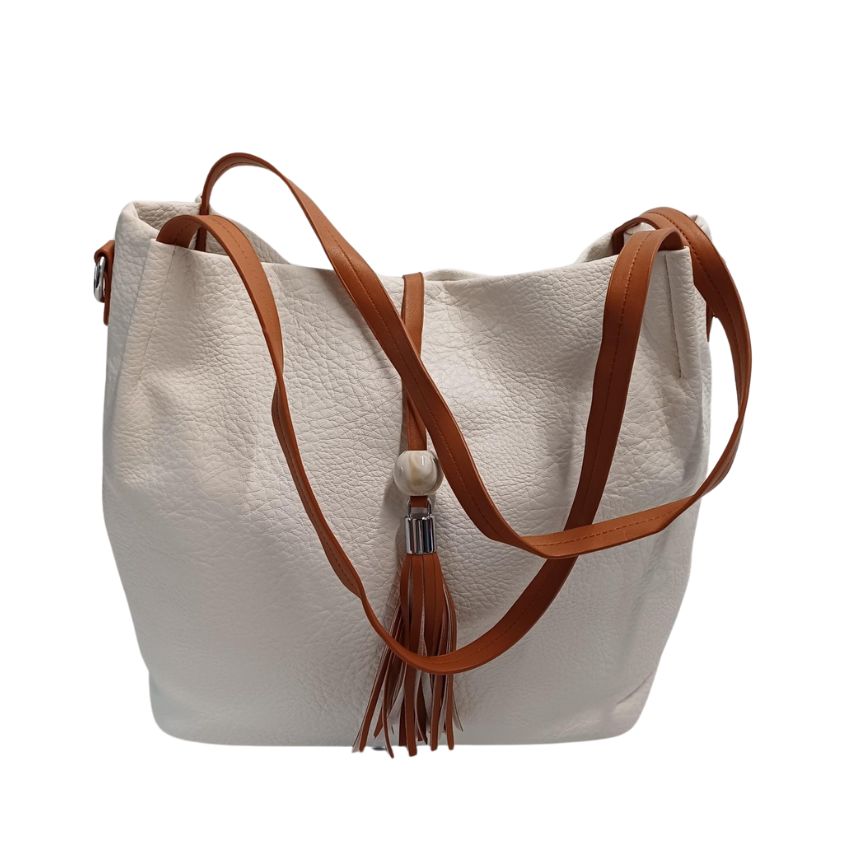 Umhängetasche Damen Shopper Einkaufstasche beige veganes Leder, Quastendetail