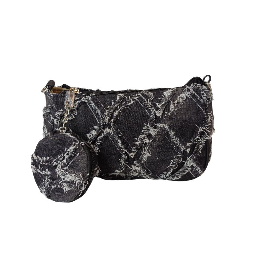 Sommerliche Denim Crossbody Bag mit Münztasche und abnehmbarem Schultergurt klein aber geräumig schwarz