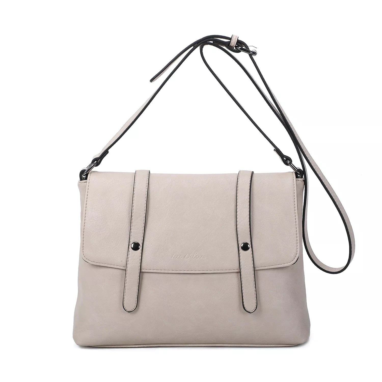 Edle, elegante und beliebte Tasche aus beigem Leder mit Doppelverscluss, langem verstellbarem Riemen und Magnetverschluss