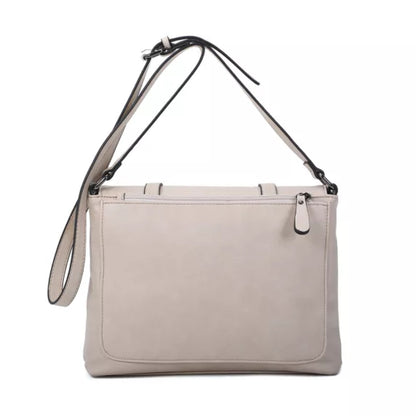 Rückansicht der edlen, eleganten Tasche aus beigem Leder mit Doppelverscluss und langem verstellbarem Riemen