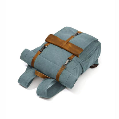 Draufsicht Vintage Kanvas mit Lederdetails stabiler geräumiger Rolltoprucksack für Männer und Frauen 