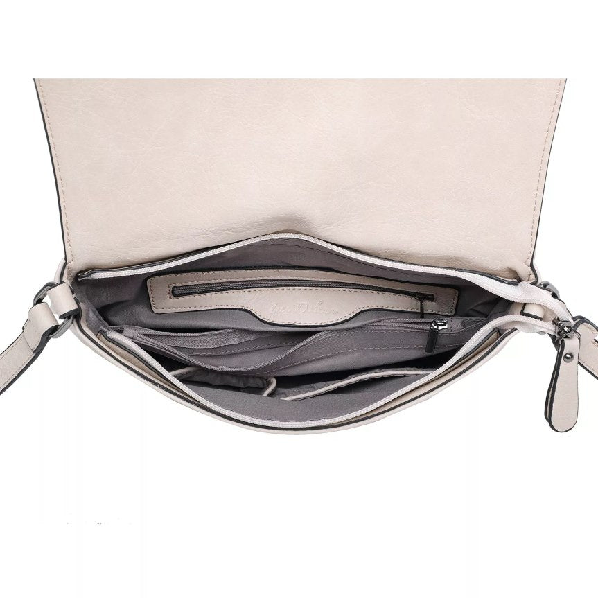 Draufsicht / Innenansicht   der edlen, eleganten Tasche aus beigem Leder mit Doppelverscluss und langem verstellbarem Riemen