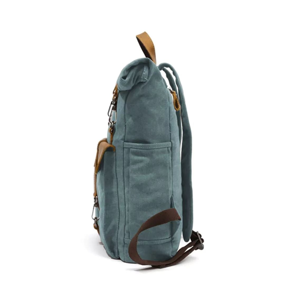 Seitenansicht Vintage Kanvas mit Lederdetails stabiler geräumiger Rolltoprucksack für Männer und Frauen 