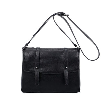 Edle, elegante und beliebte Tasche aus schwarzem Leder mit Doppelverscluss, langem verstellbarem Riemen und Magnetverschluss