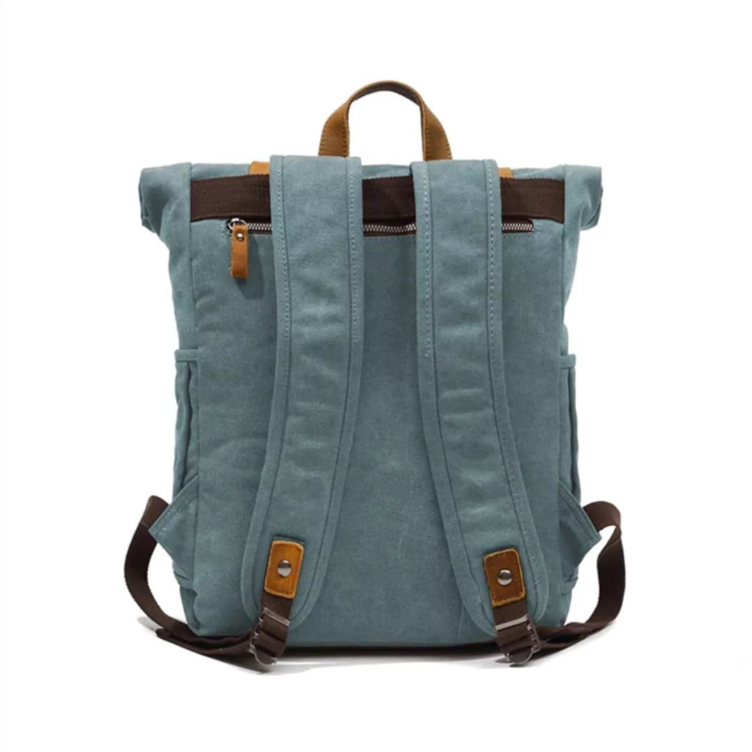 Rückenansicht Vintage Kanvas mit Lederdetails stabiler geräumiger Rolltoprucksack für Männer und Frauen 