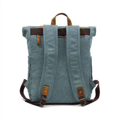 Rückenansicht Vintage Kanvas mit Lederdetails stabiler geräumiger Rolltoprucksack für Männer und Frauen 