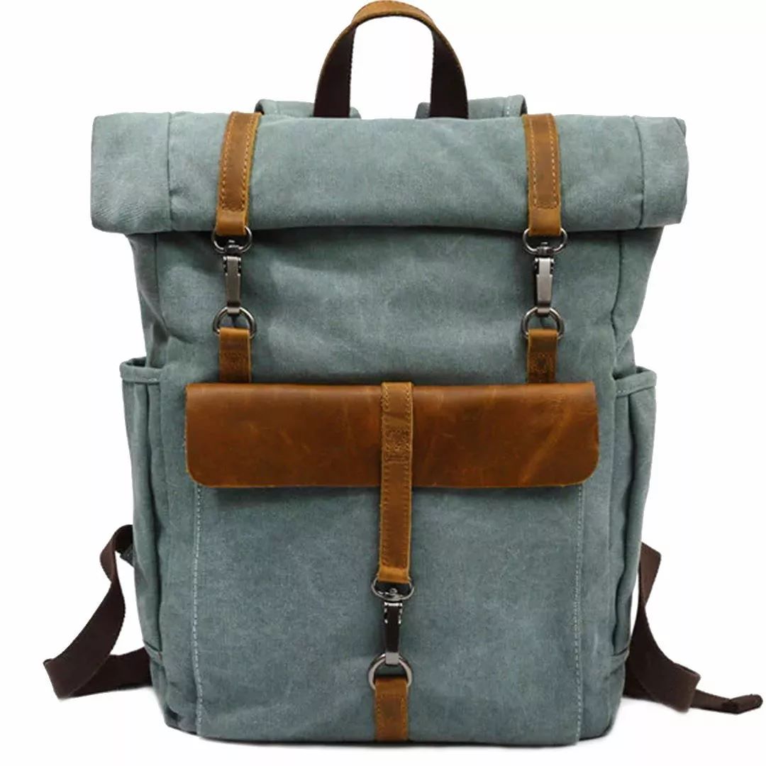 Vintage Kanvas mit Lederdetails stabiler geräumiger Rolltoprucksack für Männer und Frauen 