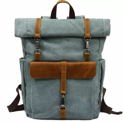 Vintage Kanvas mit Lederdetails stabiler geräumiger Rolltoprucksack für Männer und Frauen 