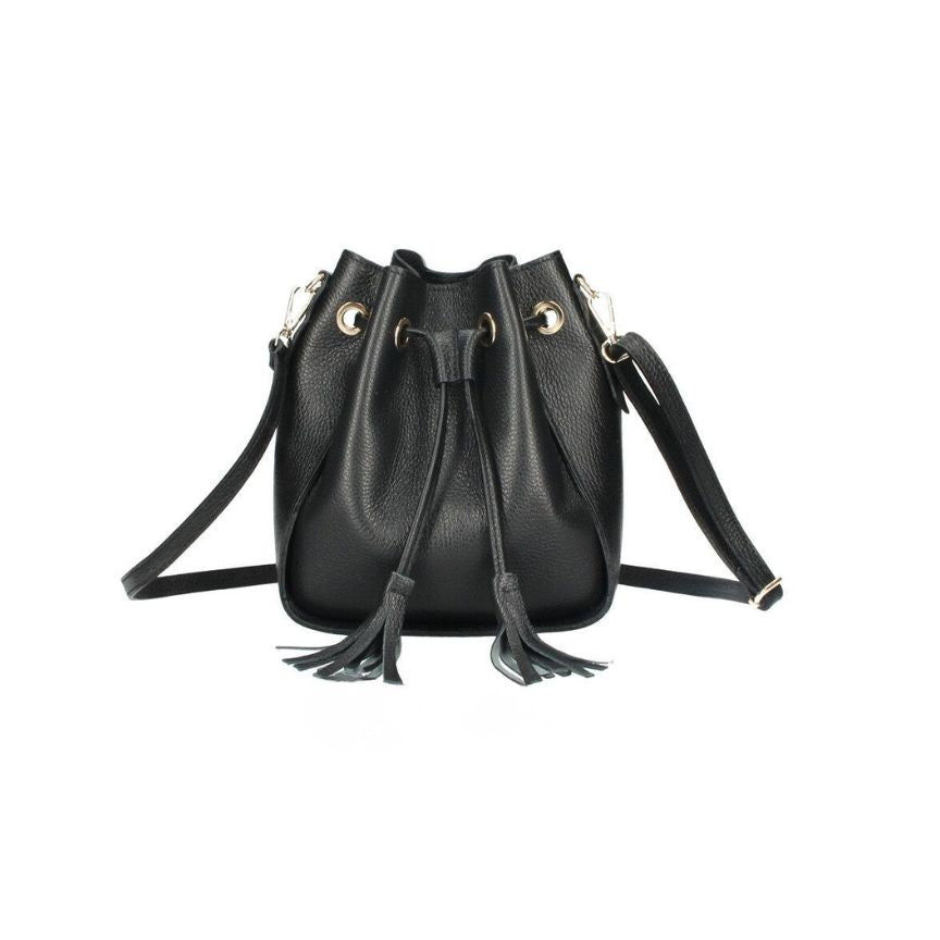 Beuteltasche aus echtem Leder mit Kordelzug, Lederfransen & Crossbody Riemen - "Toscana"