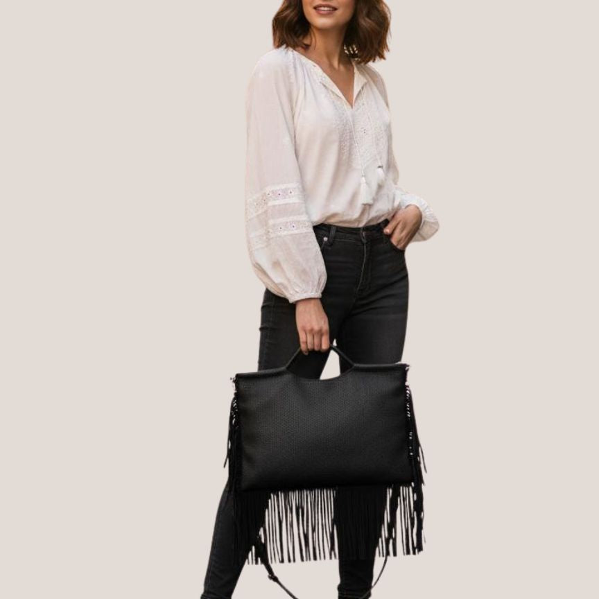 Rosanne - Boho Fransen-Clutch mit Schulterriemen