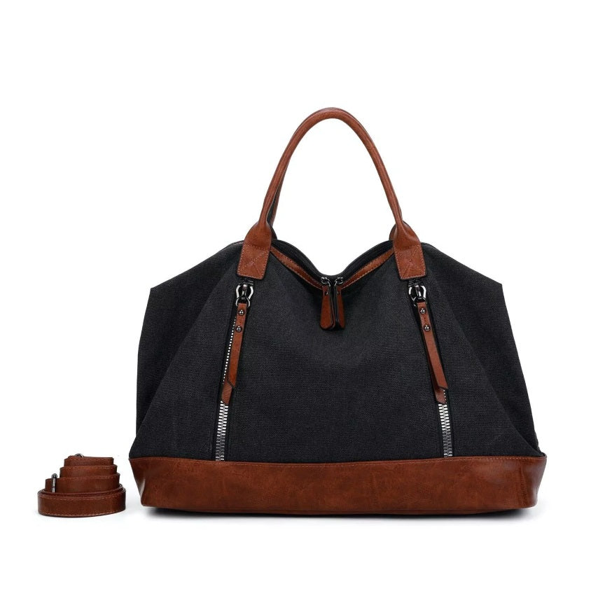 Damen und Herren Kanvas-Leder Übernachtungs Reisetasche mit stabiler PU-Leder Griffe und abnehmbarem Schultergurt
