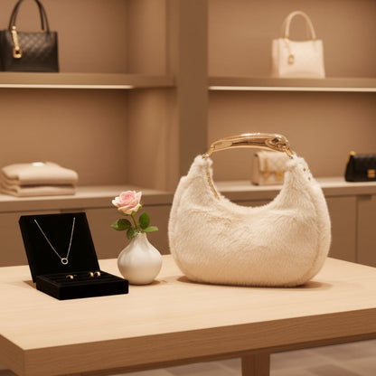 Edle Damen Halbmondtasche mit Faux-Fell und elegantem Henkel - stilvoll