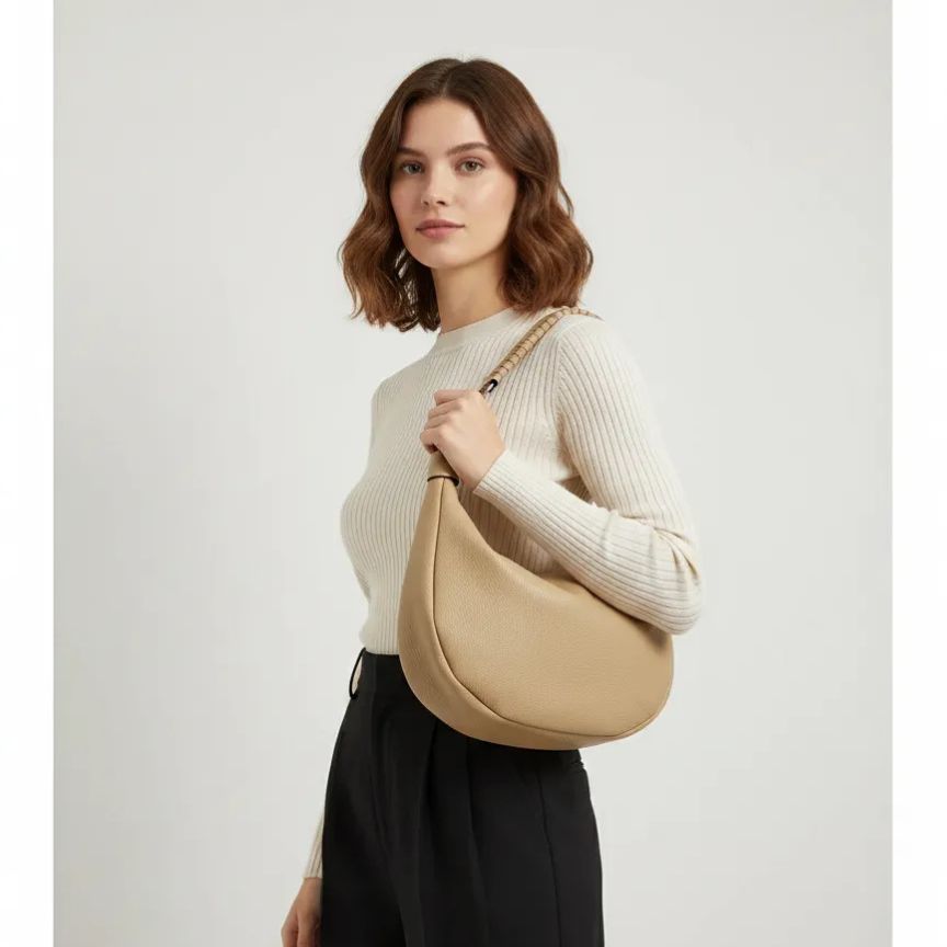 Damen Leder Mondtasche - Stilvolle Handtasche mit kurzem Henkel & abnehmbarem Schultergurt