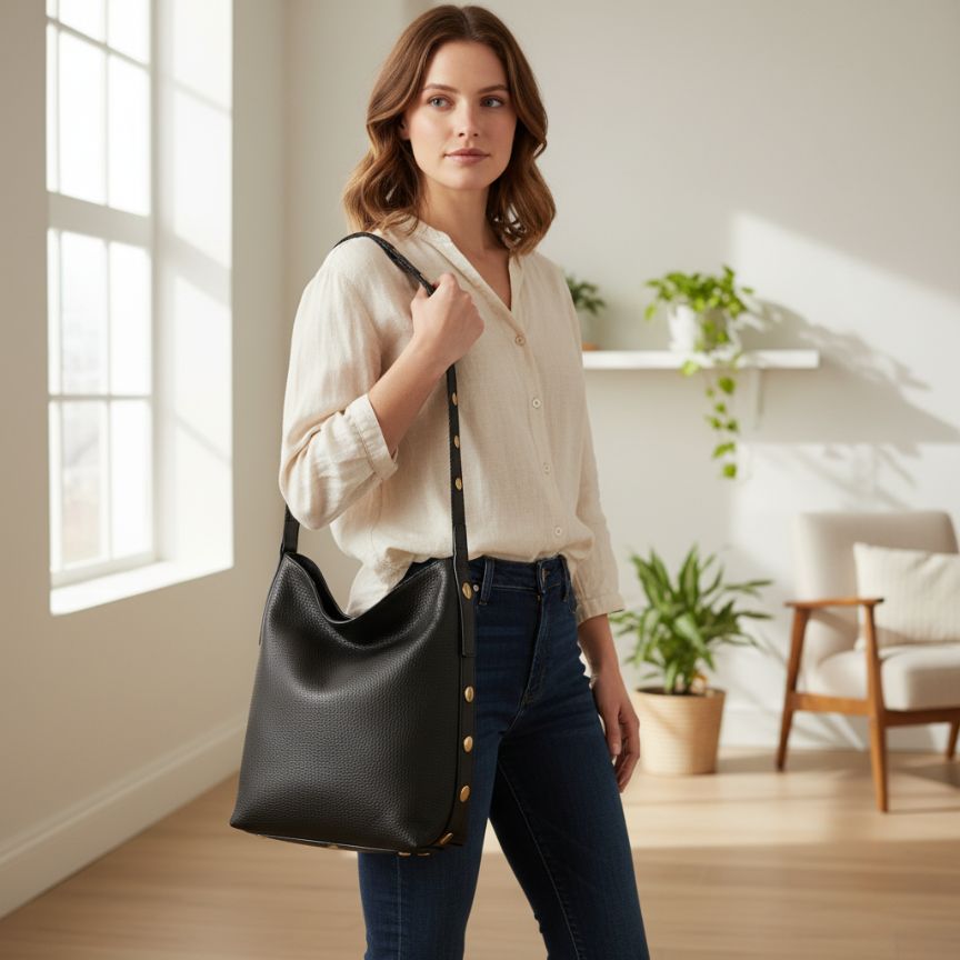 "Charlotte" - Stilvolle Leder-Shopper mit goldfarbenen Details - mittelgroß, geräumig