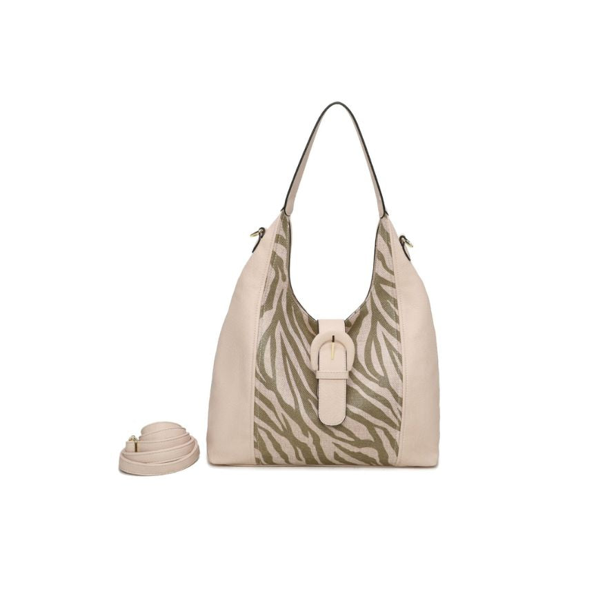 Damen Umhängetasche im stilvollen Leder-Stoff Materialmix - mittelgroß