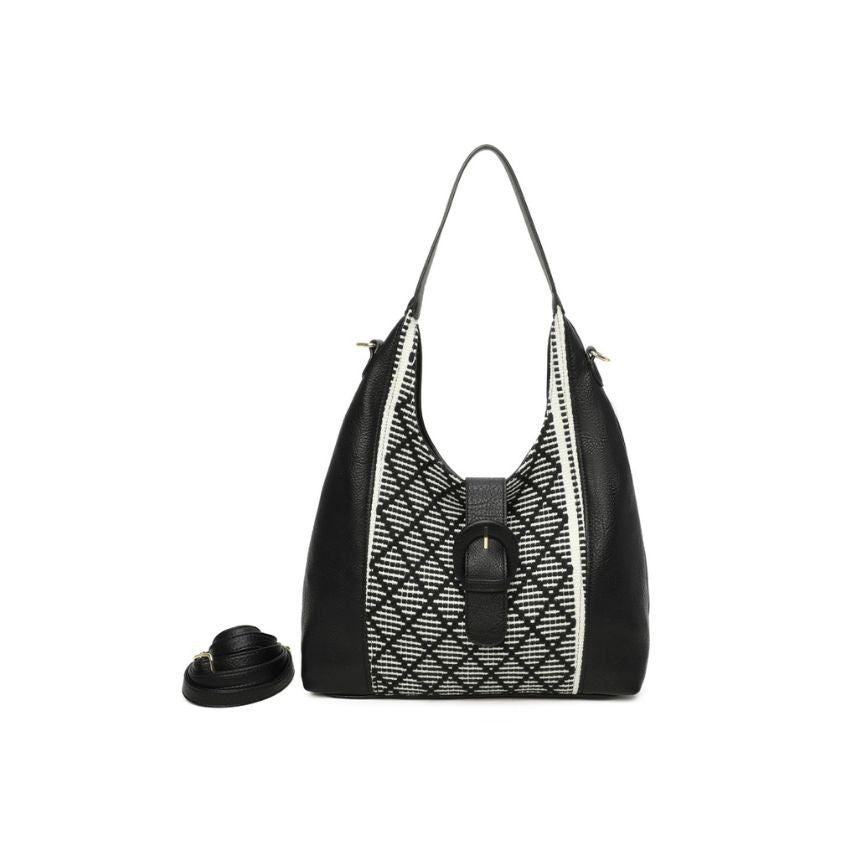 Damen Umhängetasche im stilvollen Leder-Stoff Materialmix - mittelgroß