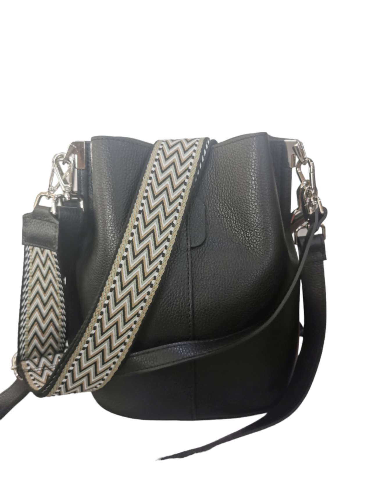 schwarze Damen Leder Einkaufstasche mittelgroß Shoppertasche mit breitem Gurt