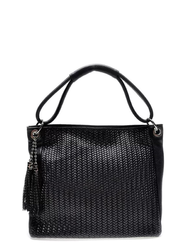 Elegante Schwarze Echtledertasche im Weblook mit Quastendetail