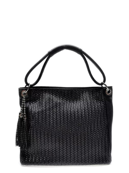 Elegante Schwarze Echtledertasche im Weblook mit Quastendetail