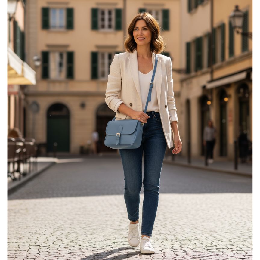 Italienische Damen Leder Handtasche mit Rückseitentasche