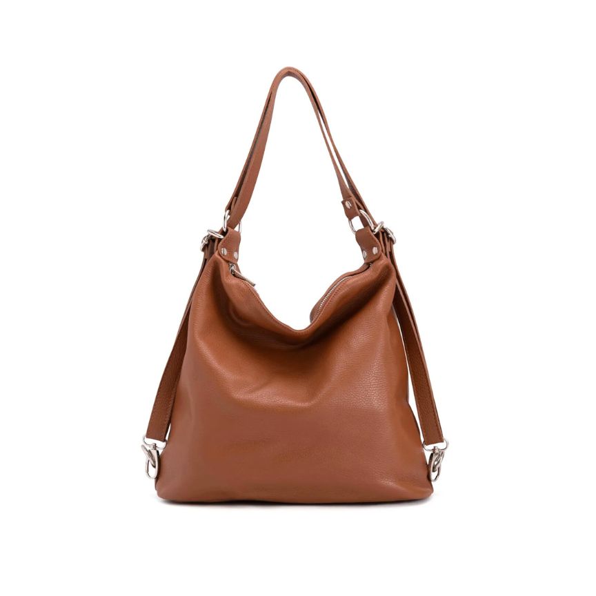 Frontseite der Damen Shopper Tasche aus Leder-tragbar als Umhaengetasche oder Rucksack bronze 