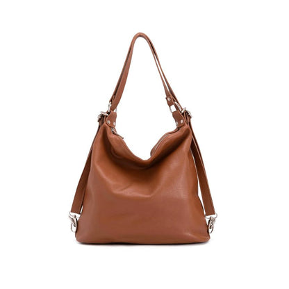 Frontseite der Damen Shopper Tasche aus Leder-tragbar als Umhaengetasche oder Rucksack bronze 