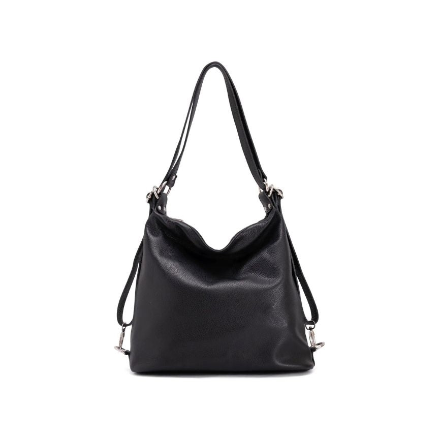 Frontseite der Damen Shopper Tasche aus Leder-tragbar als Umhaengetasche oder Rucksack schwarz