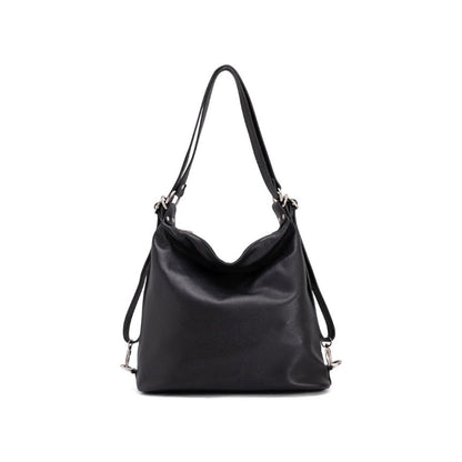 Frontseite der Damen Shopper Tasche aus Leder-tragbar als Umhaengetasche oder Rucksack schwarz