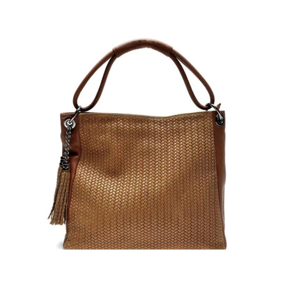 Stabile Griffe der Elegante Braune Echtledertasche im Weblook mit Quastendetail 